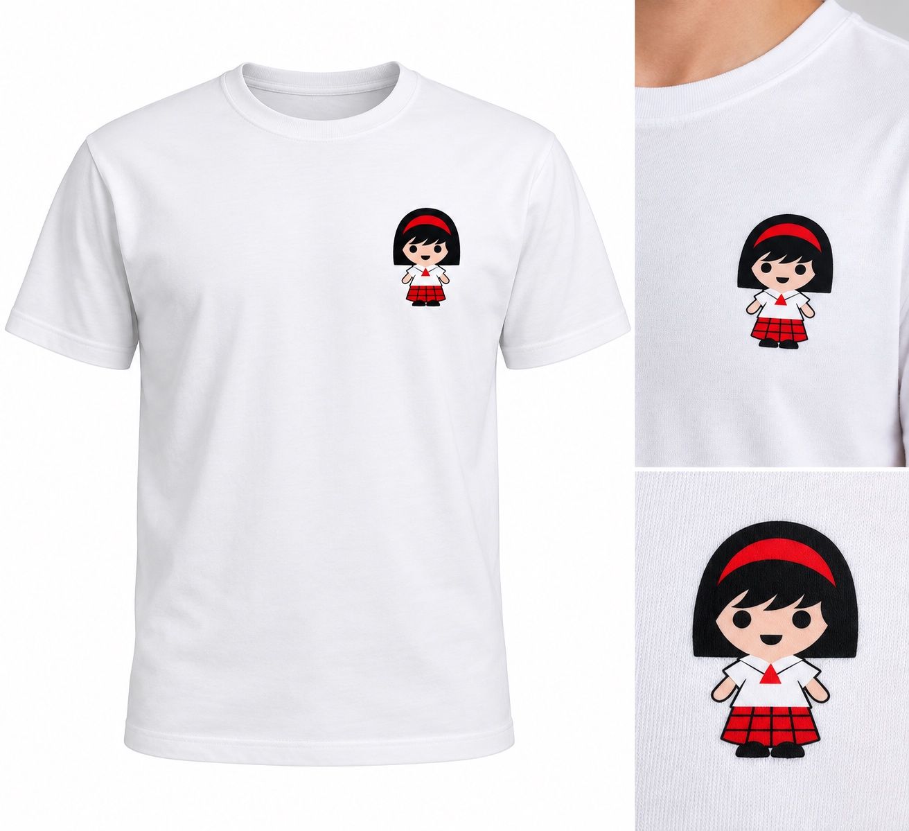 White t-shirt with the Assumption girl printed on the left chest, with two close-ups of the print
